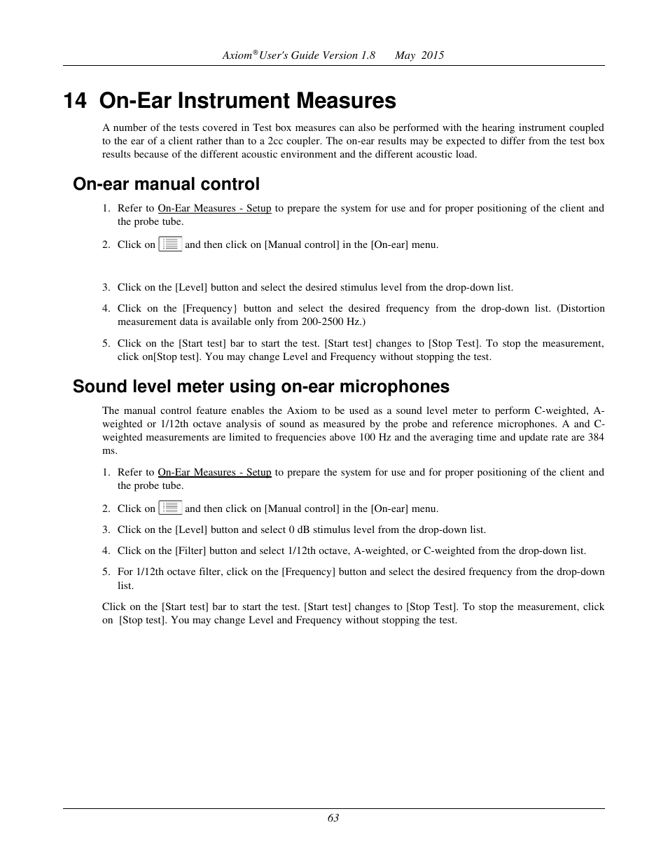 15 recd measurement, Calibration of recd transducer, 14 on-ear instrument measures | On-ear manual control, Sound level meter using on-ear microphones | Audioscan Axiom User Manual | Page 63 / 130