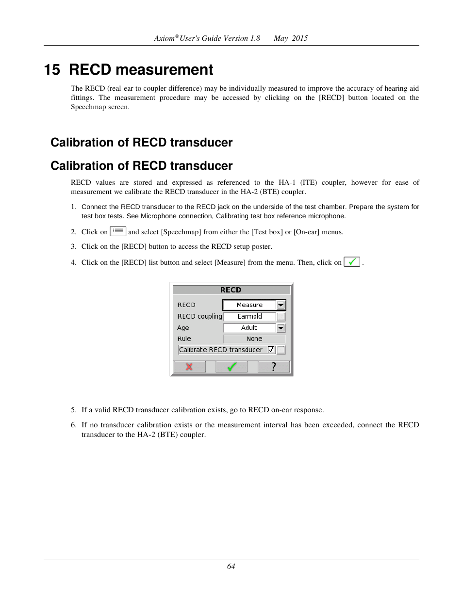 Measure recd, 15 recd measurement, Calibration of recd transducer | Audioscan Axiom User Manual | Page 64 / 130