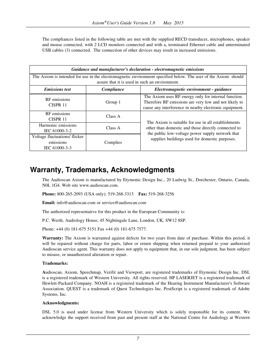 Warranty, trademarks, acknowledgments | Audioscan Axiom User Manual | Page 7 / 130