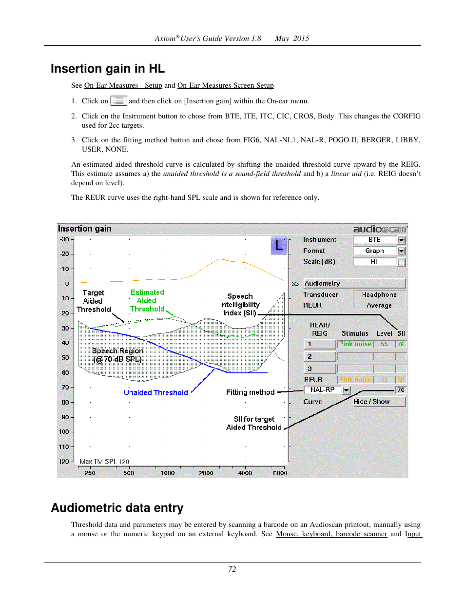 Audiometric data entry, Reur measurement procedure, Insertion gain in hl | Audioscan Axiom User Manual | Page 72 / 130
