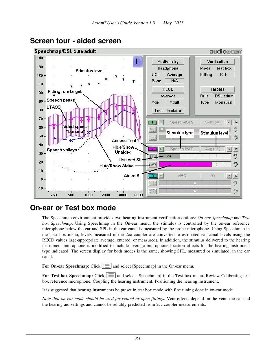 Sii calculation in speechmap, Using custom stimuli in speechmap, Screen tour - aided screen on-ear or test box mode | Audioscan Axiom User Manual | Page 83 / 130