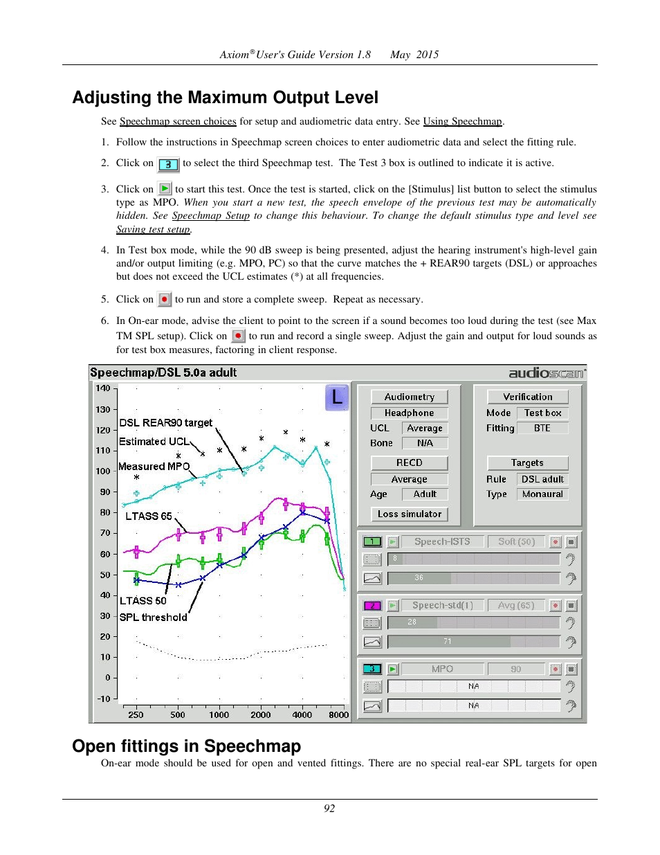 Open fittings in speechmap, Adjusting the maximum output level | Audioscan Axiom User Manual | Page 92 / 130