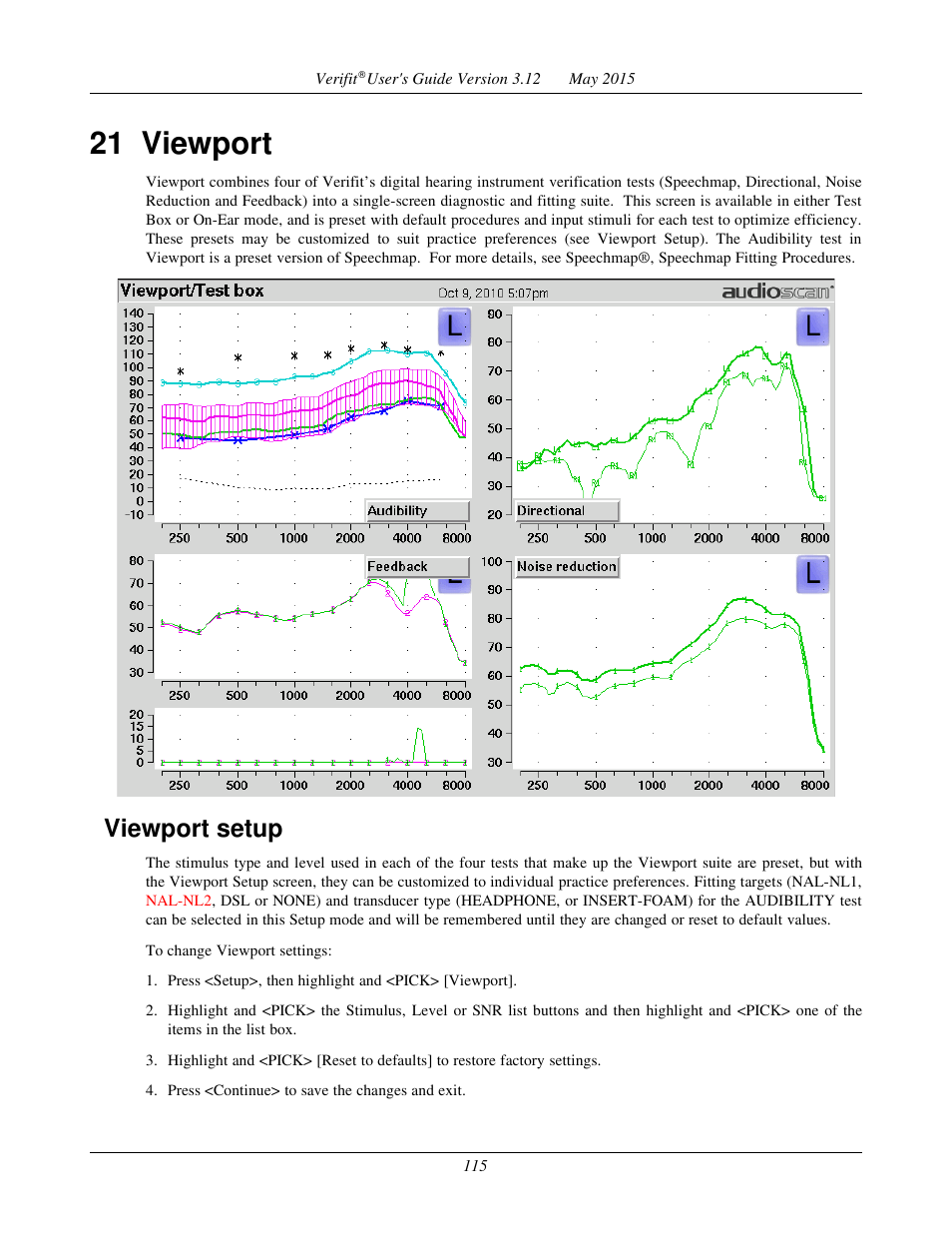 21 viewport, Viewport setup | Audioscan Verifit User Manual | Page 115 / 155