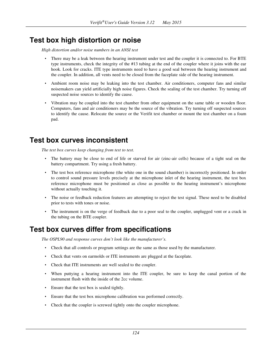 Test box high distortion or noise, Test box curves inconsistent, Test box curves differ from specifications | Audioscan Verifit User Manual | Page 124 / 155