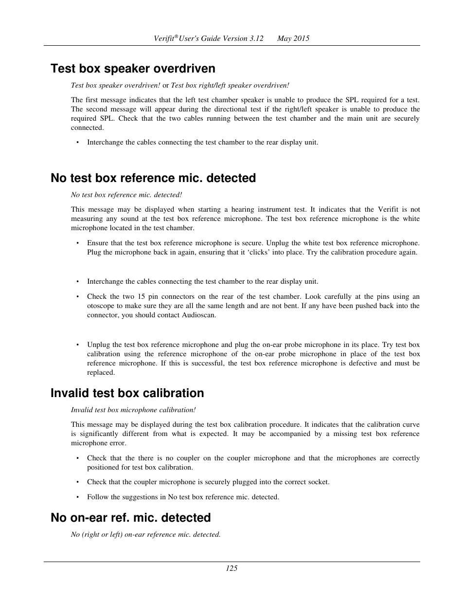 Test box speaker overdriven, No test box reference mic. detected, Invalid test box calibration | No on-ear ref. mic. detected | Audioscan Verifit User Manual | Page 125 / 155