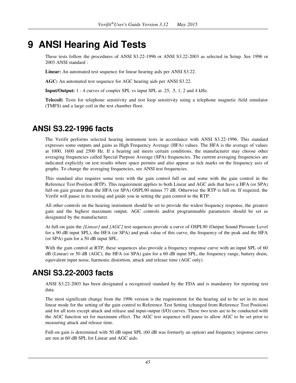 9 ansi hearing aid tests, Ansi s3.22-1996 facts, Ansi s3.22-2003 facts | Audioscan Verifit User Manual | Page 45 / 155