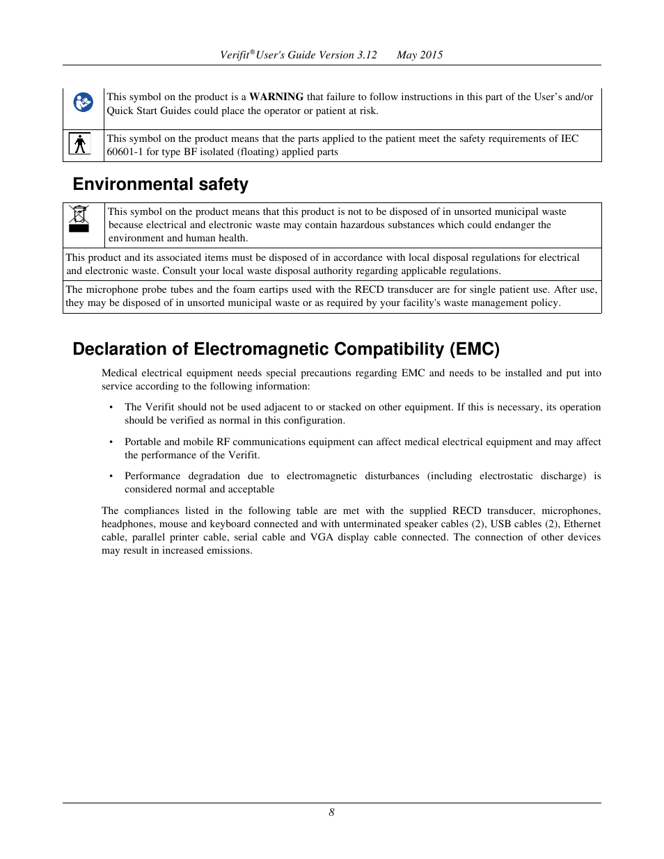 Environmental safety, Declaration of electromagnetic compatibility (emc) | Audioscan Verifit User Manual | Page 8 / 155