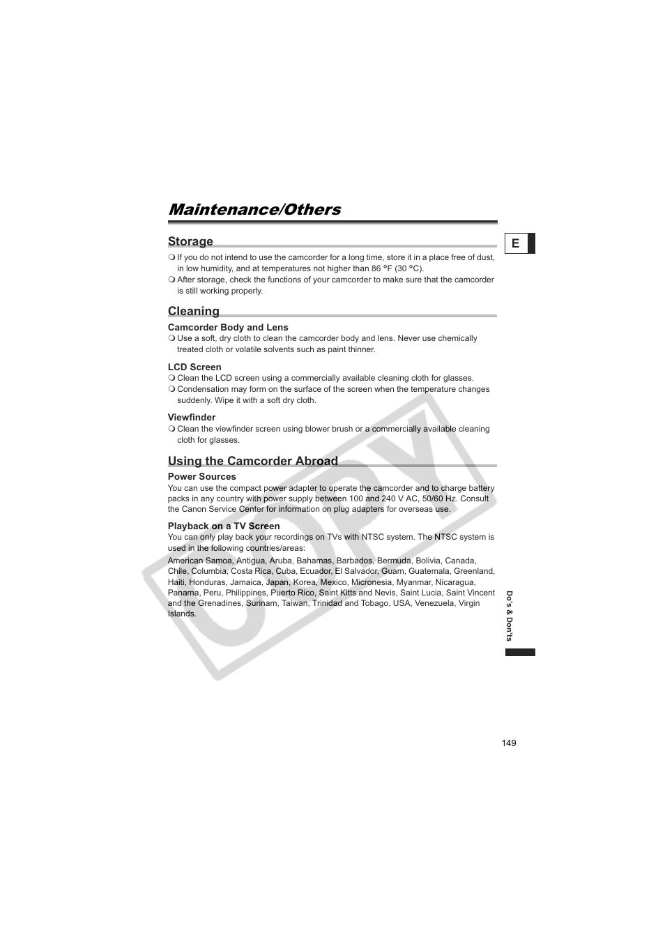 Maintenance/others, Storage, Cleaning | Using the camcorder abroad | Canon 50 User Manual | Page 149 / 162