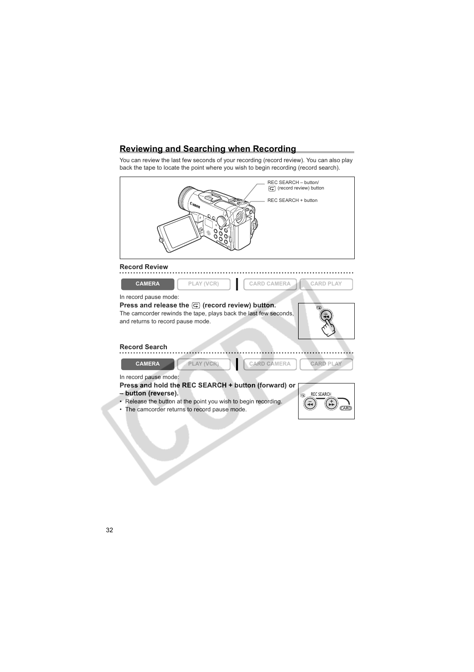 Reviewing and searching when recording | Canon 50 User Manual | Page 32 / 162