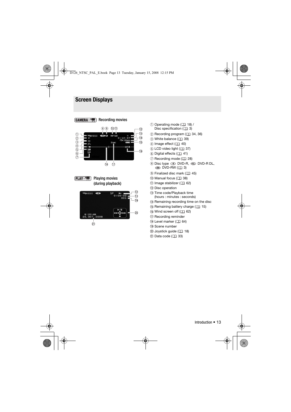 Screen displays | Canon DC301 User Manual | Page 13 / 87