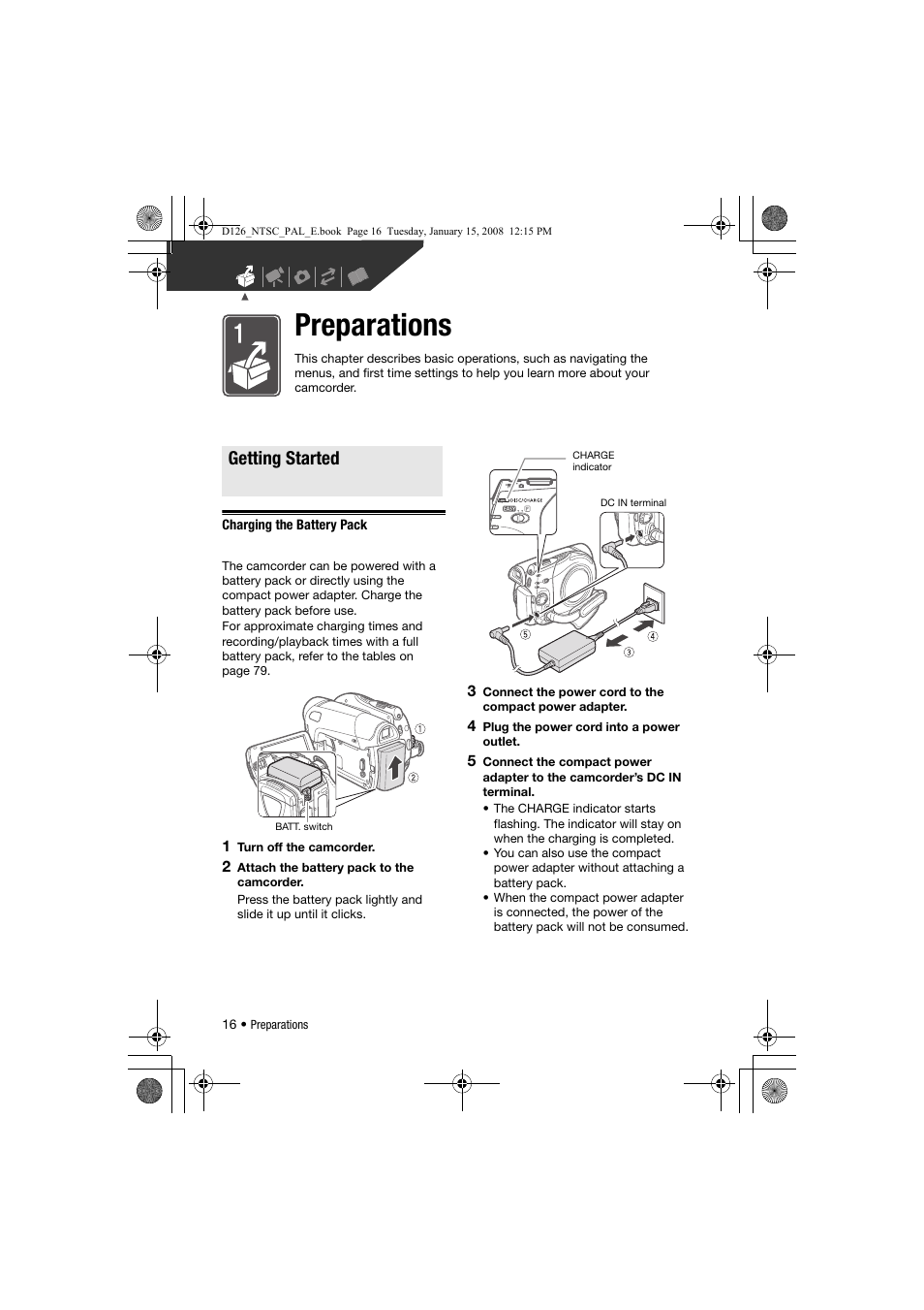 Preparations, Getting started, Charging the battery pack | Canon DC301 User Manual | Page 16 / 87