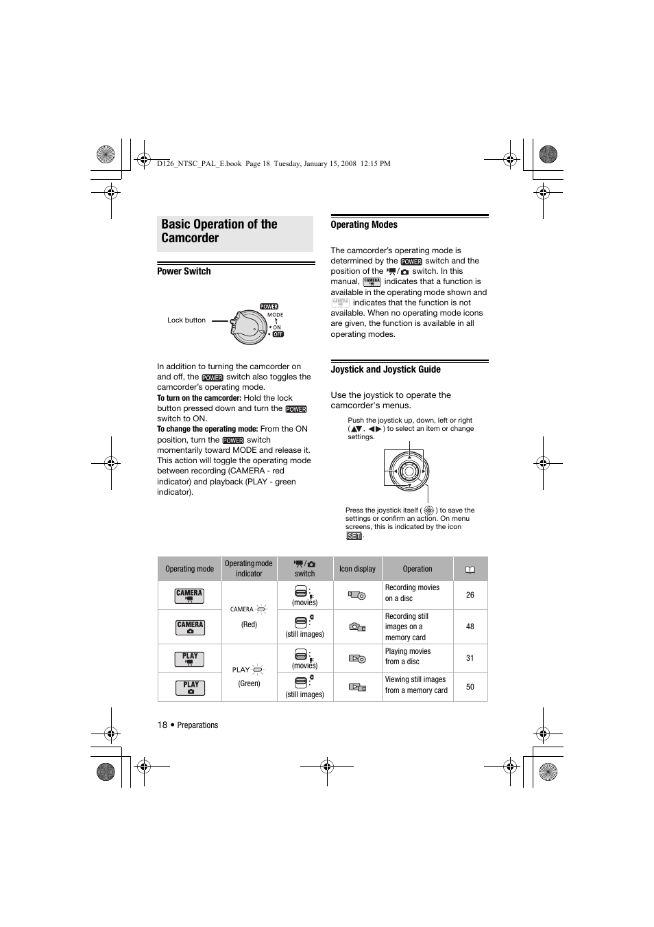 Basic operation of the camcorder, Power switch, Operating modes | Joystick and joystick guide | Canon DC301 User Manual | Page 18 / 87