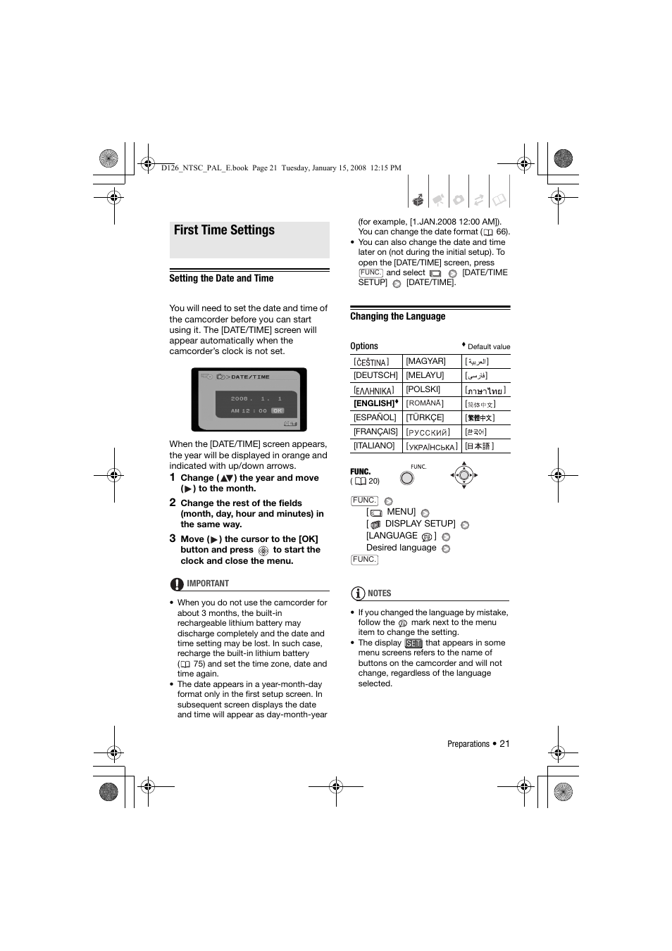 First time settings, Setting the date and time, Changing the language | Canon DC301 User Manual | Page 21 / 87