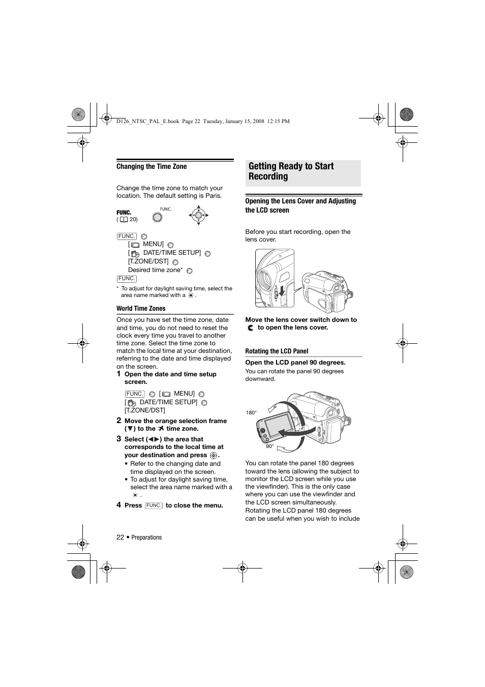 Changing the time zone, Getting ready to start recording | Canon DC301 User Manual | Page 22 / 87