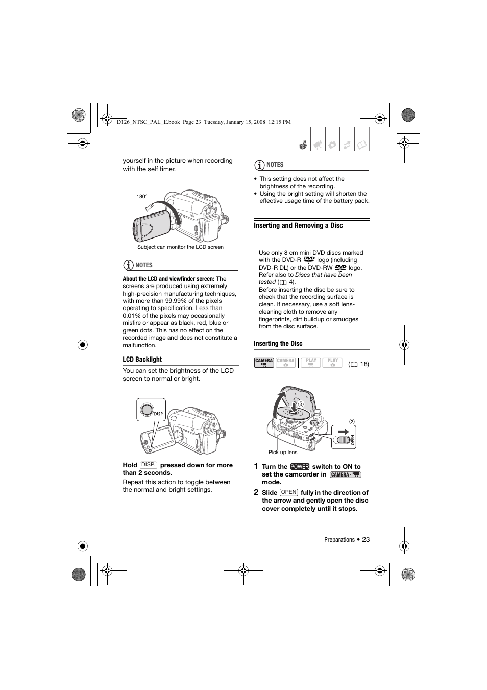 Inserting and removing a disc | Canon DC301 User Manual | Page 23 / 87