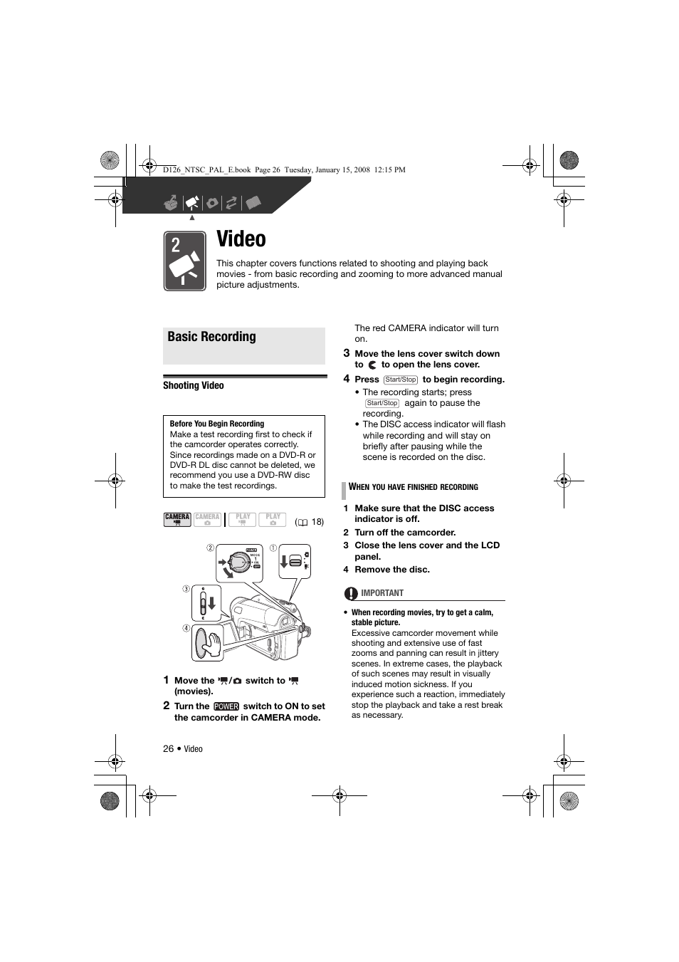 Video, Basic recording, Shooting video | Canon DC301 User Manual | Page 26 / 87