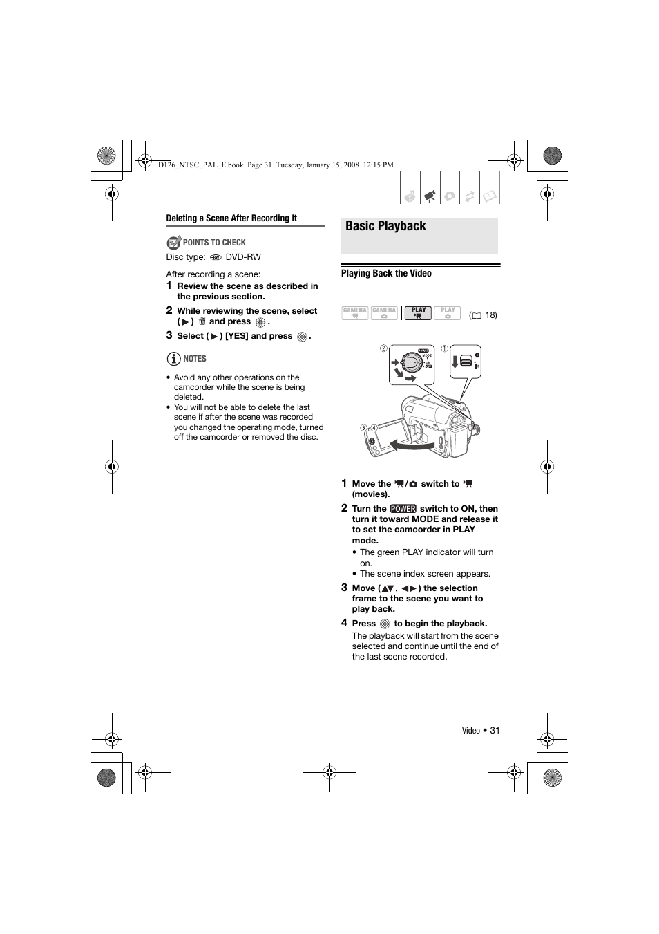 Basic playback, Playing back the video | Canon DC301 User Manual | Page 31 / 87