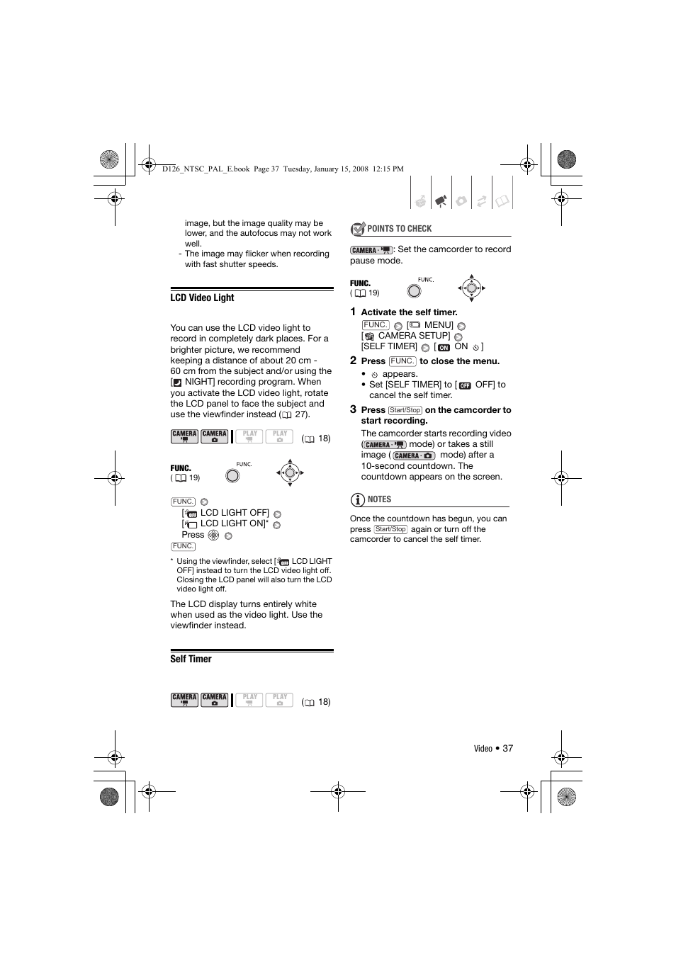 Lcd video light, Self timer | Canon DC301 User Manual | Page 37 / 87