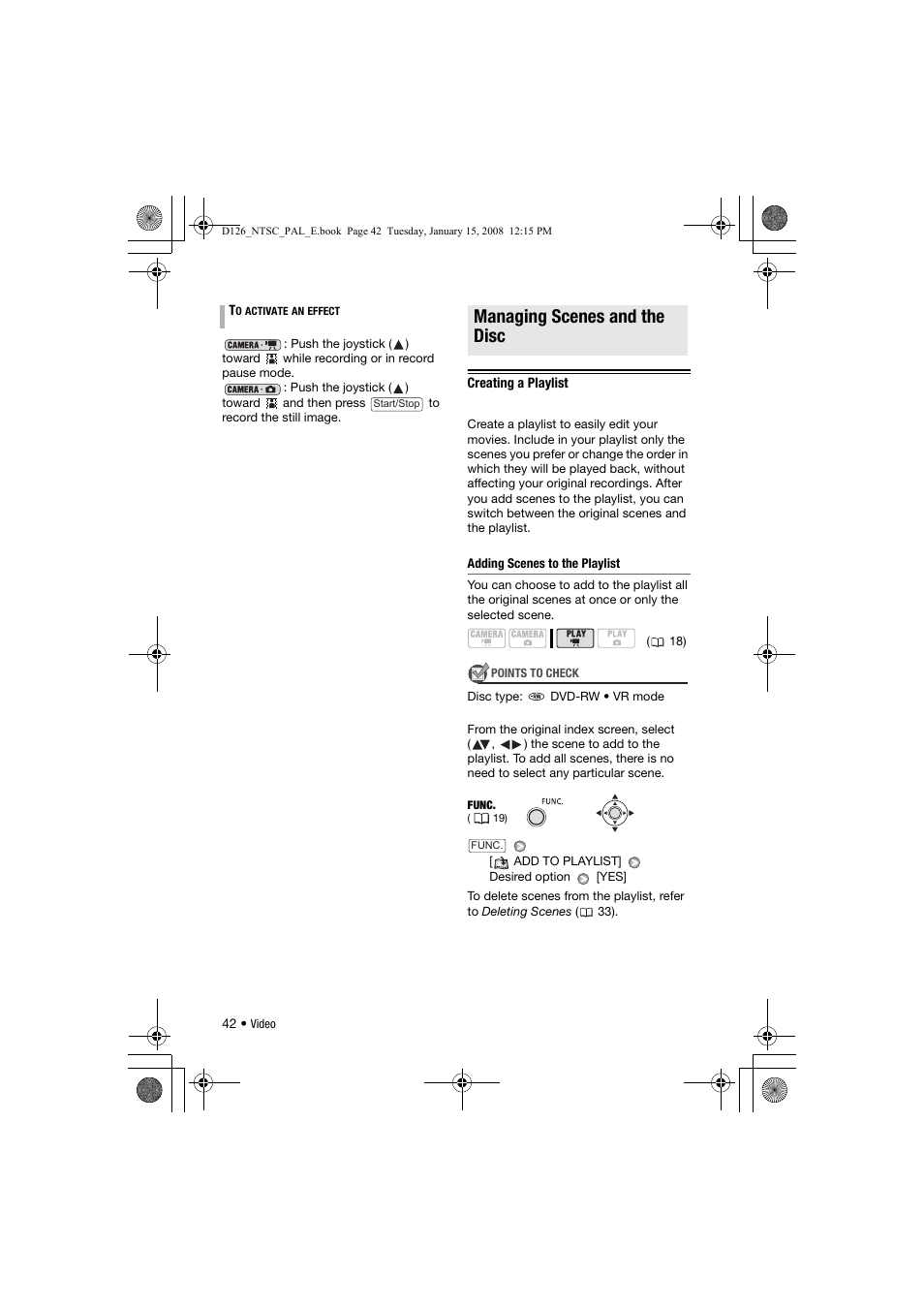 Managing scenes and the disc, Creating a playlist | Canon DC301 User Manual | Page 42 / 87