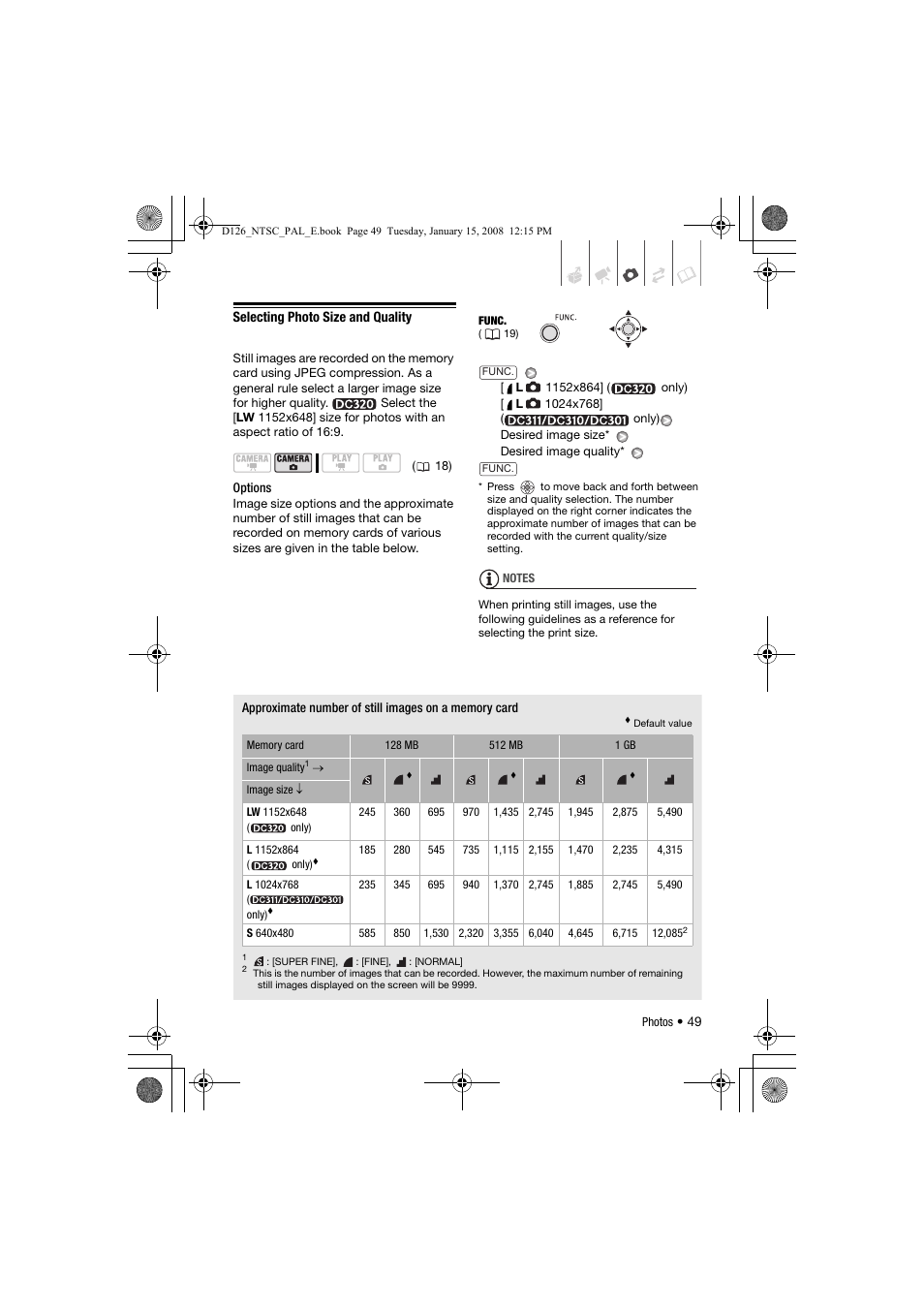 Selecting photo size and quality | Canon DC301 User Manual | Page 49 / 87