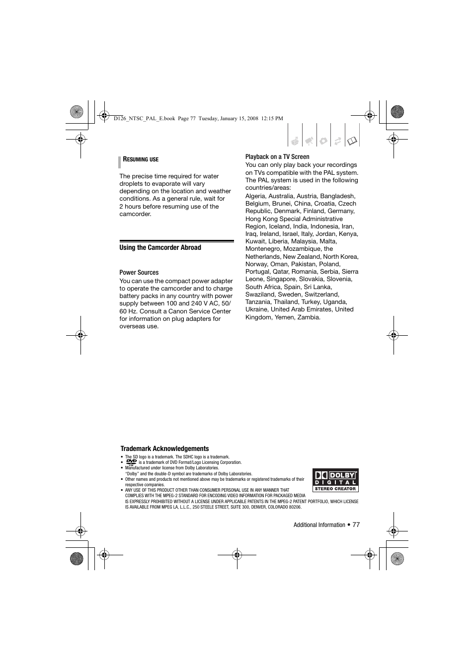 Using the camcorder abroad | Canon DC301 User Manual | Page 77 / 87
