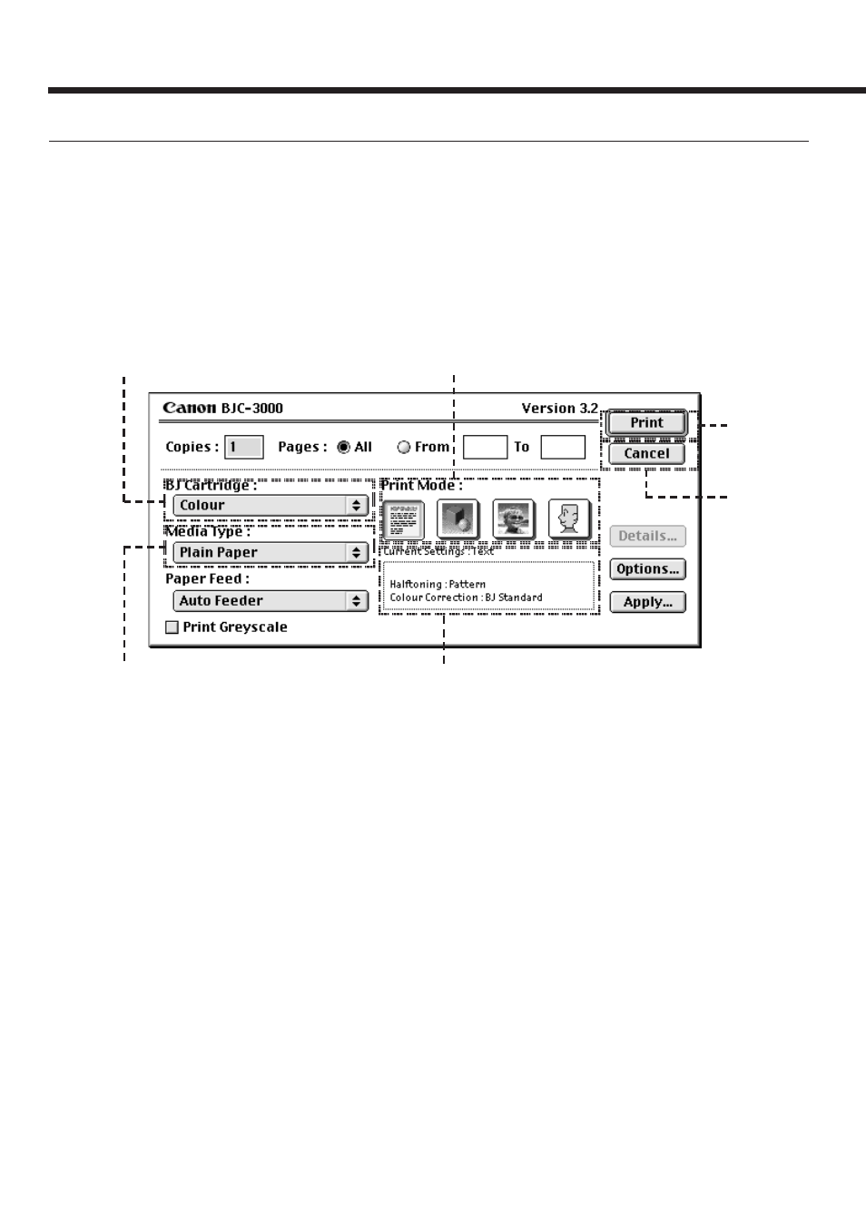 About the printer properties dialogue box | Canon BJC-3000 User Manual | Page 20 / 80