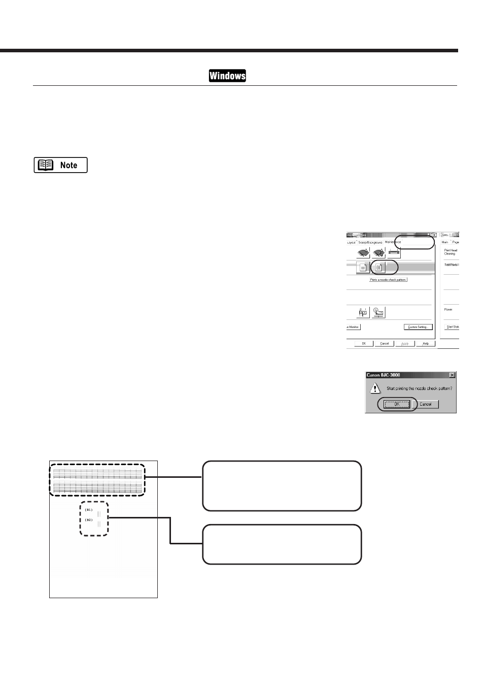 Printing a nozzle check pattern | Canon BJC-3000 User Manual | Page 51 / 80
