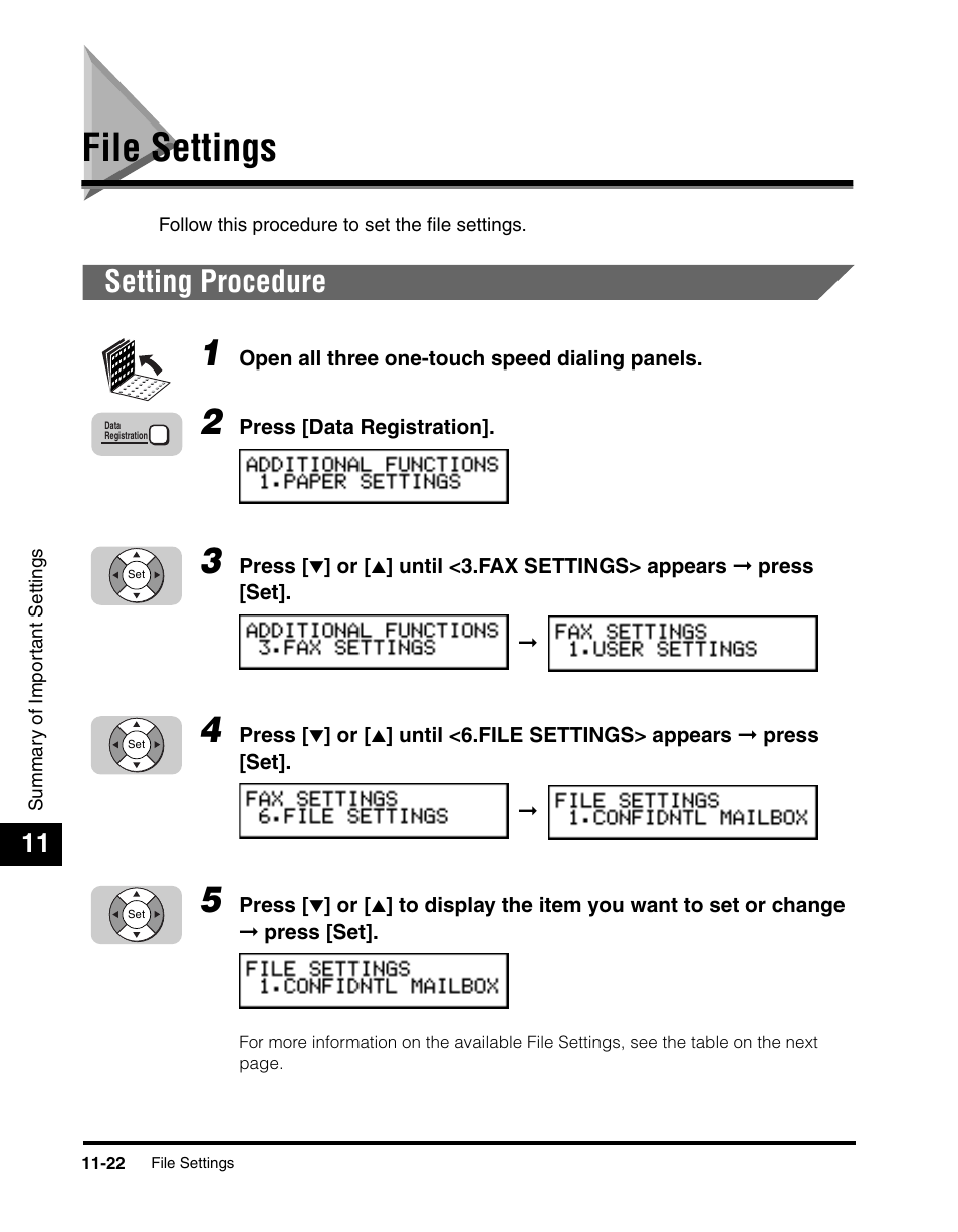 File settings, Setting procedure, File settings -22 | Setting procedure -22, See “file settings,” on p. 11-22.) | Canon 700 Series User Manual | Page 285 / 365