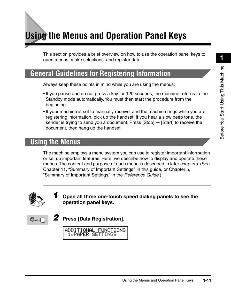 Using the menus and operation panel keys, General guidelines for registering information, Using the menus | Using the menus and operation panel keys -11 | Canon 700 Series User Manual | Page 32 / 365