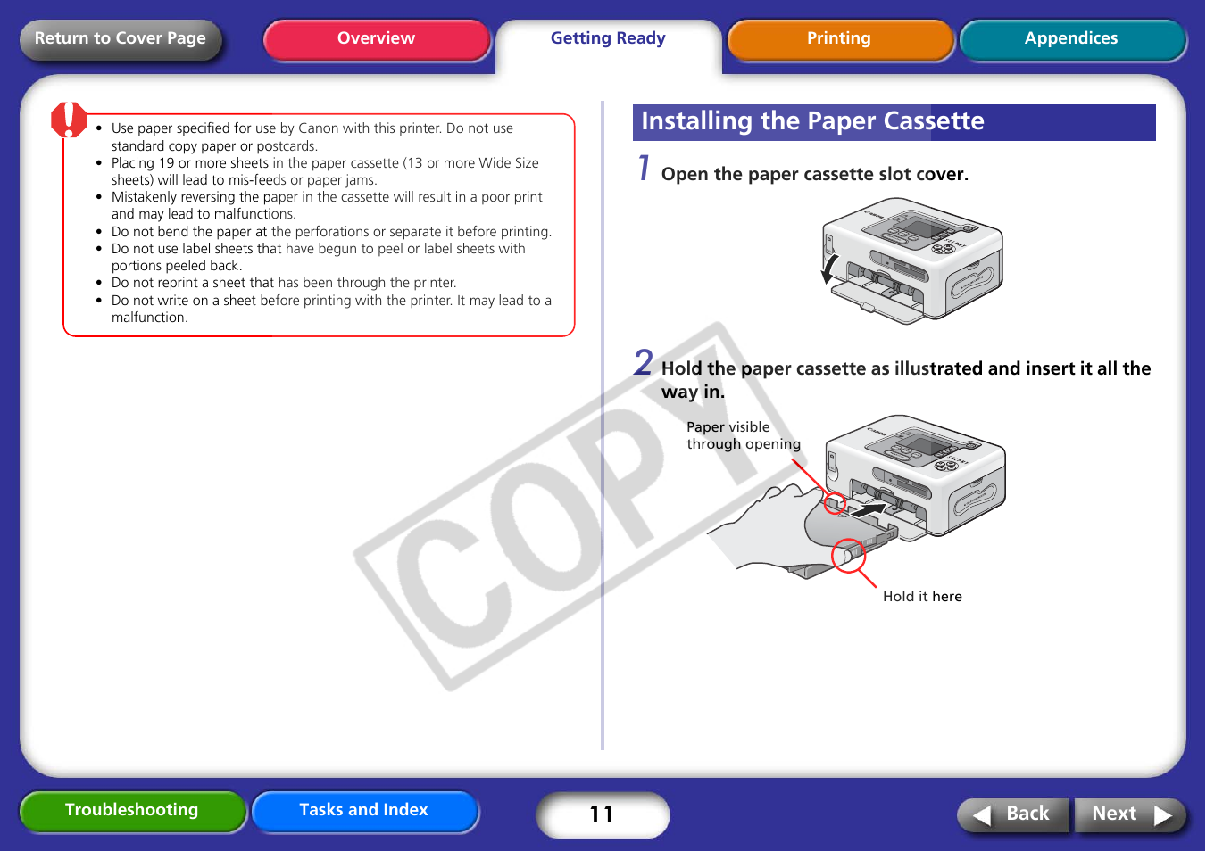 Installing the paper cassette, Next | Canon CP730 User Manual | Page 11 / 51