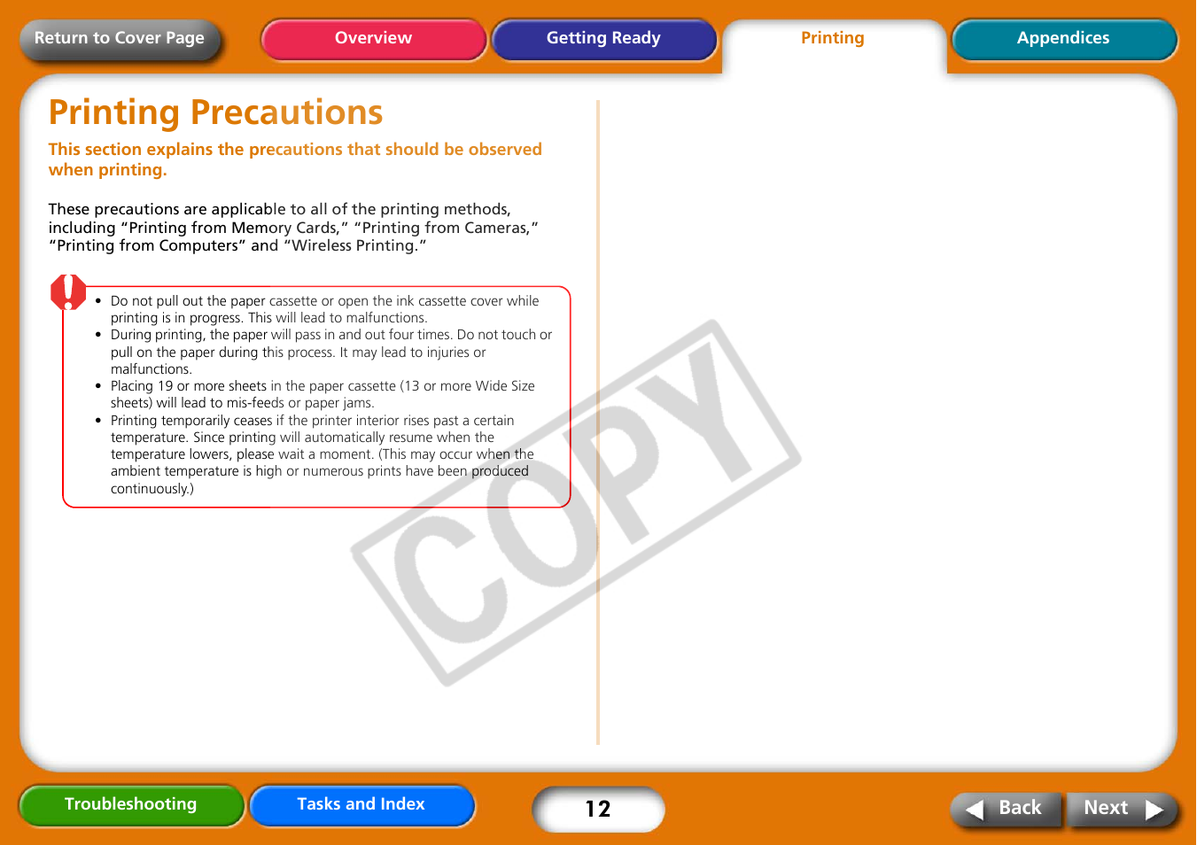 Printing, Printing precautions, Next | Canon CP730 User Manual | Page 12 / 51
