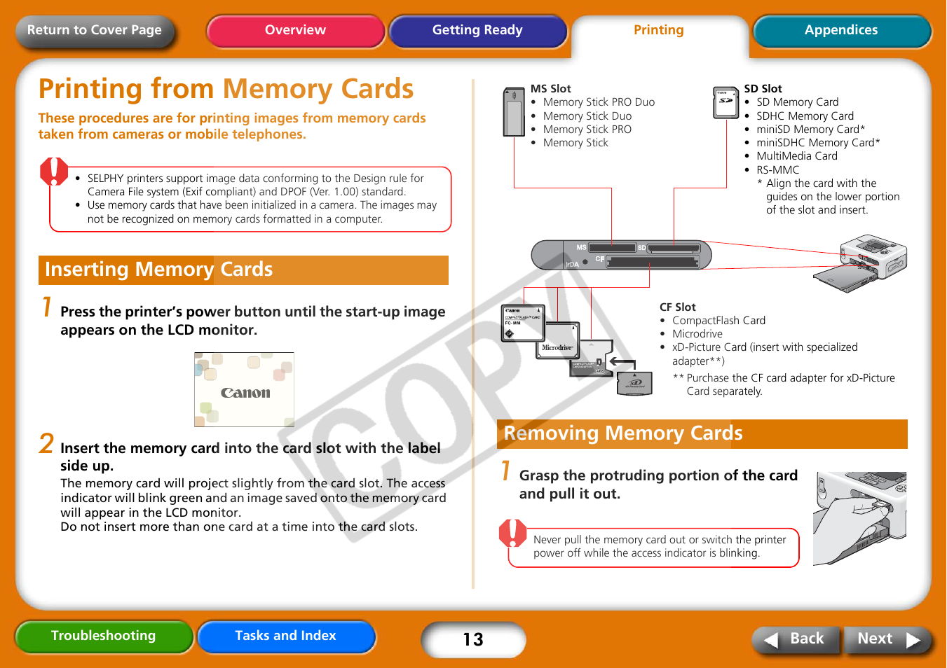 Printing from memory cards, Inserting memory cards, Removing memory cards | Next | Canon CP730 User Manual | Page 13 / 51