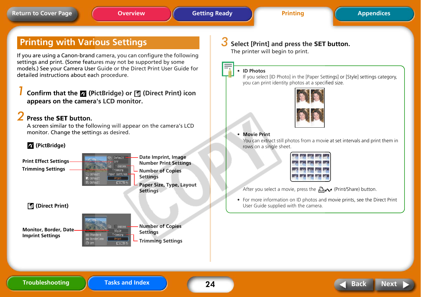 Printing with various settings, Next | Canon CP730 User Manual | Page 24 / 51