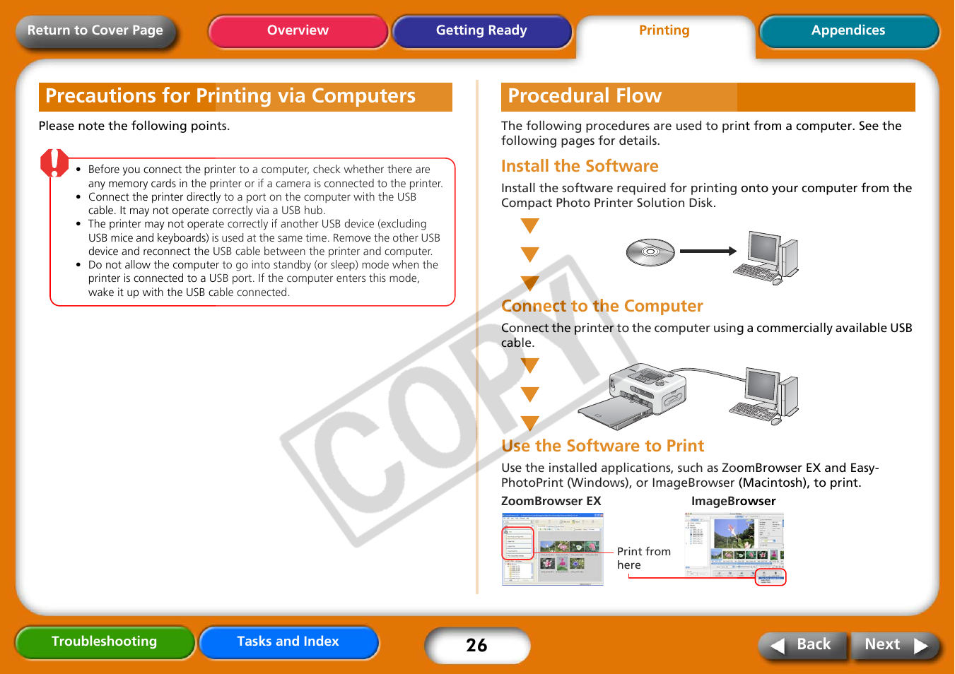 Precautions for printing via computers, Procedural flow, Next | Canon CP730 User Manual | Page 26 / 51