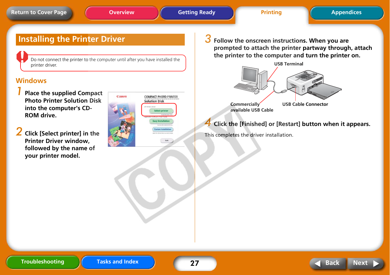 Installing the printer driver, Next | Canon CP730 User Manual | Page 27 / 51