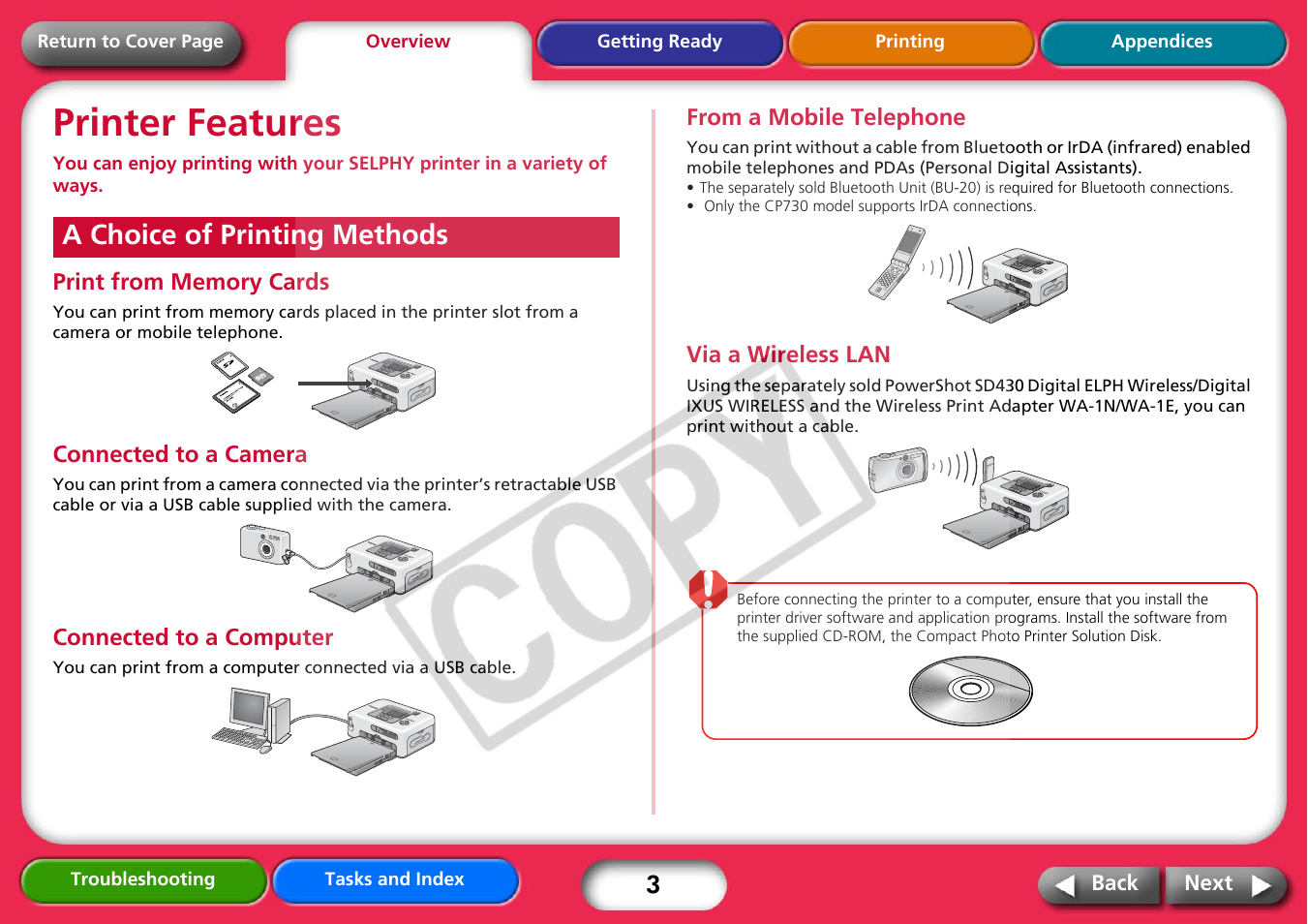 Overview, Printer features, A choice of printing methods | Next | Canon CP730 User Manual | Page 3 / 51