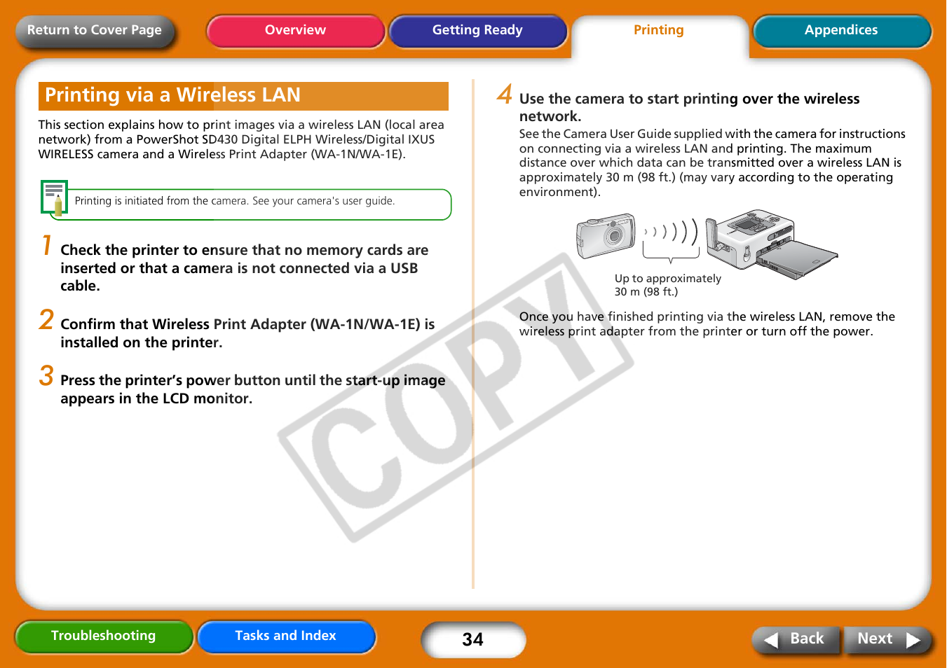 Printing via a wireless lan, Next | Canon CP730 User Manual | Page 34 / 51
