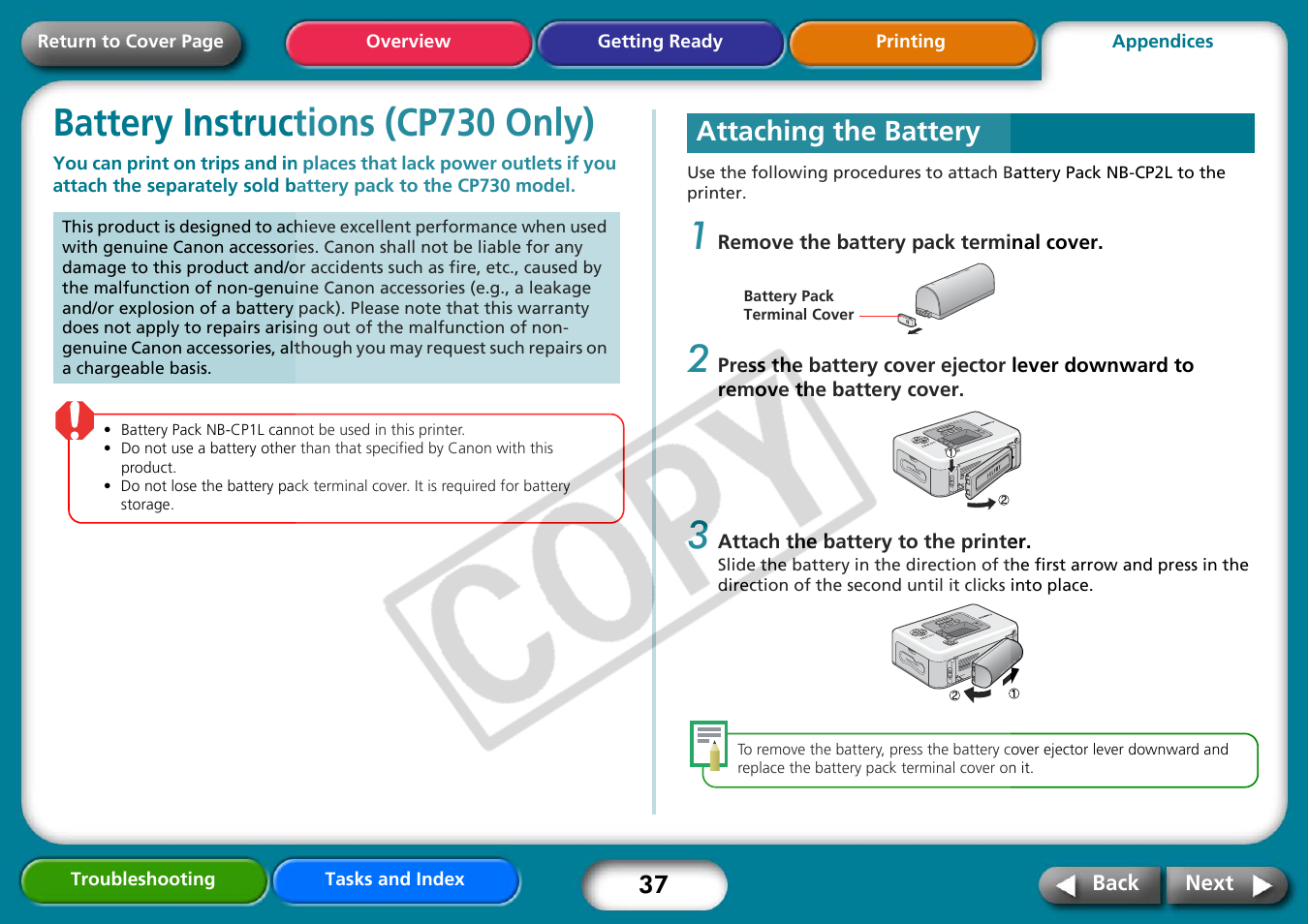 Battery instructions (cp730 only), Attaching the battery, Next | Canon CP730 User Manual | Page 37 / 51