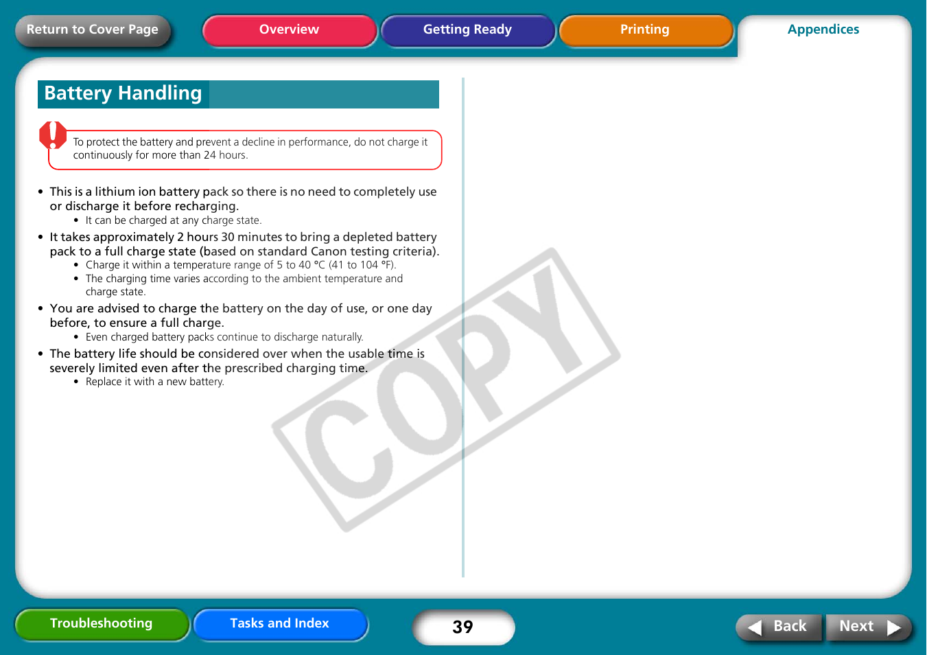 Battery handling, Next | Canon CP730 User Manual | Page 39 / 51