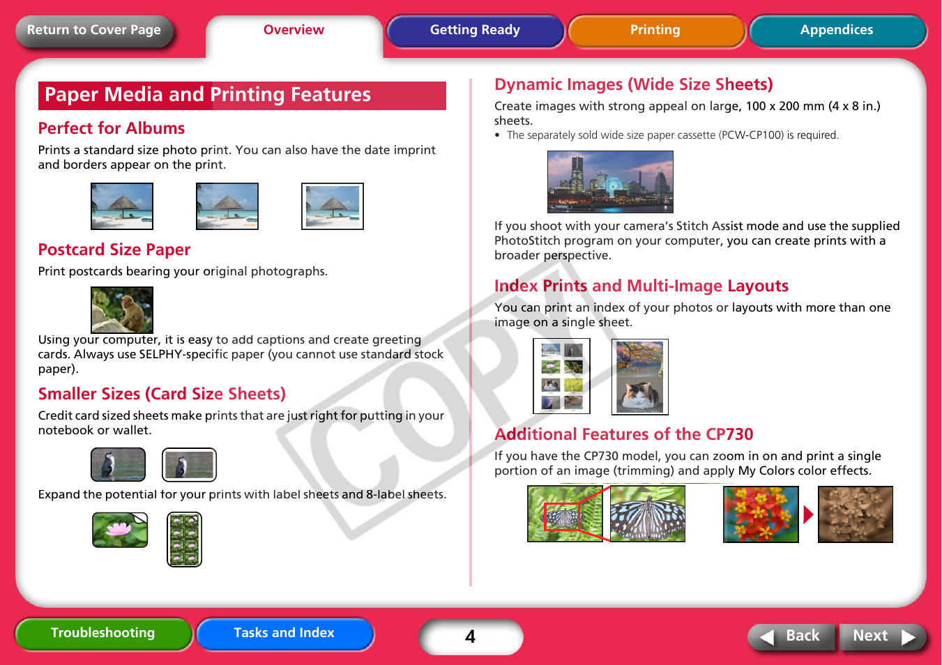 Paper media and printing features, Next | Canon CP730 User Manual | Page 4 / 51