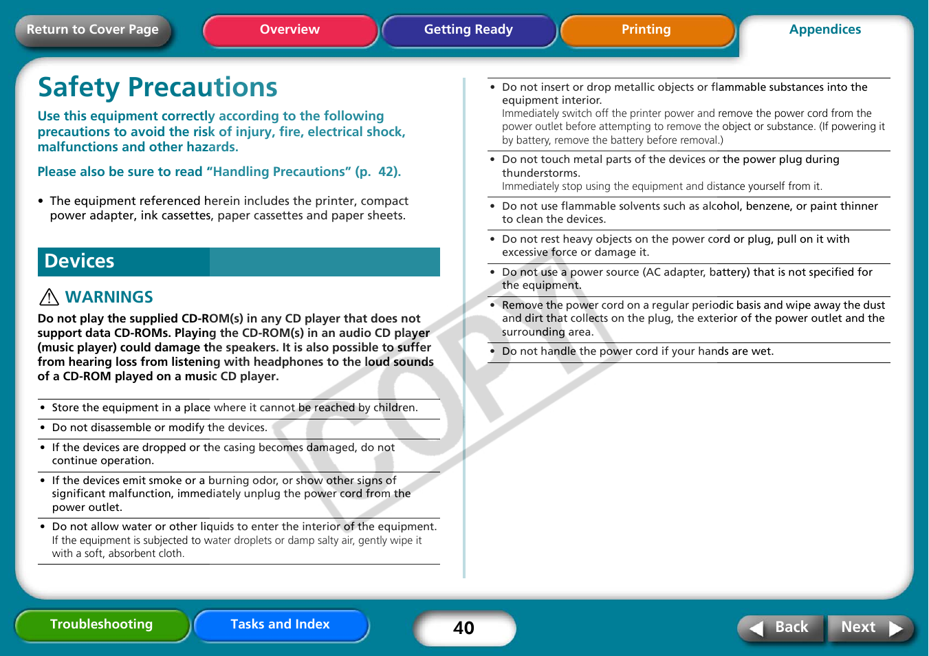 Safety precautions, Devices, Safety precautions” (p. 40) and | Next | Canon CP730 User Manual | Page 40 / 51
