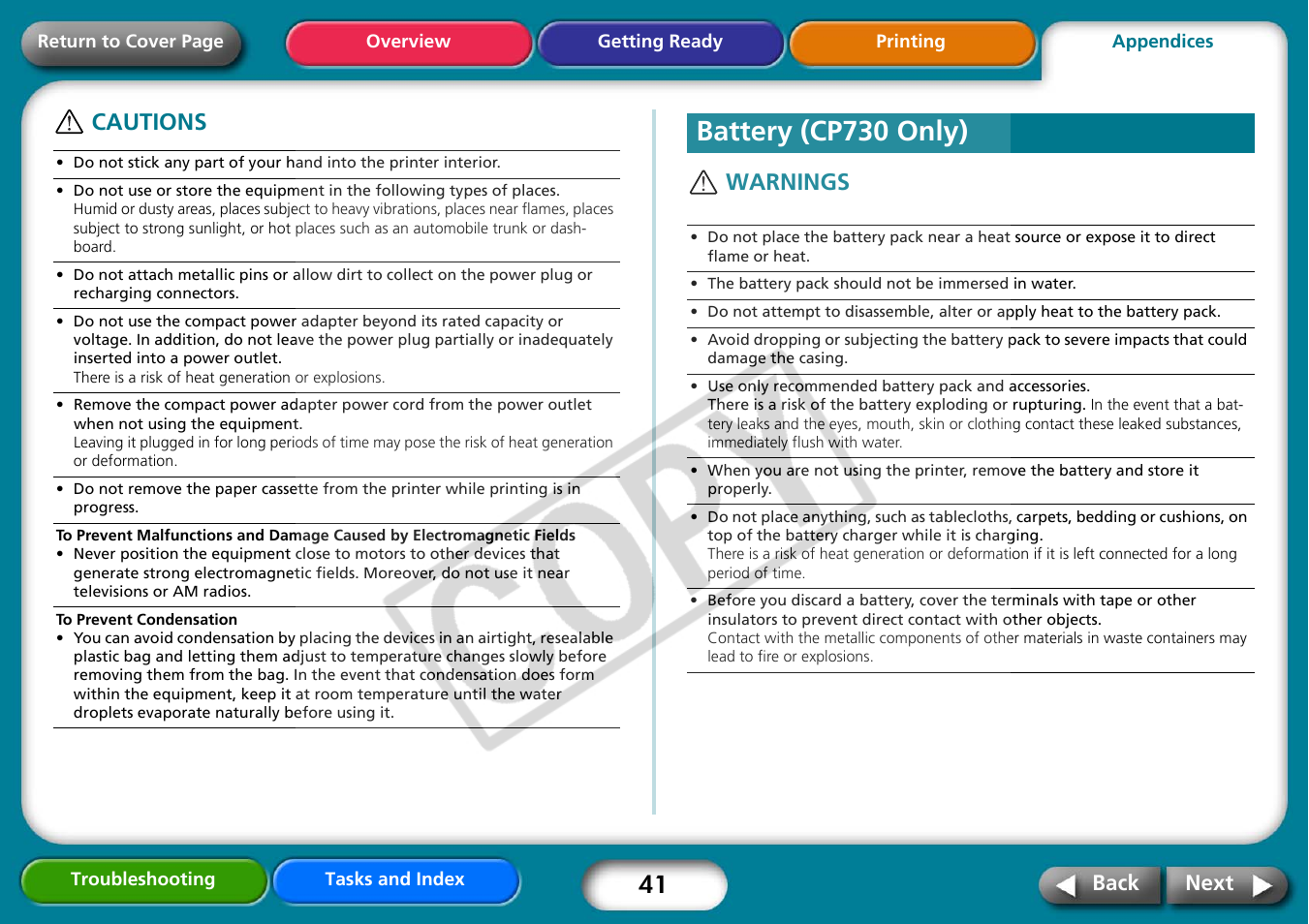 Battery (cp730 only), Next, Cautions warnings | Canon CP730 User Manual | Page 41 / 51