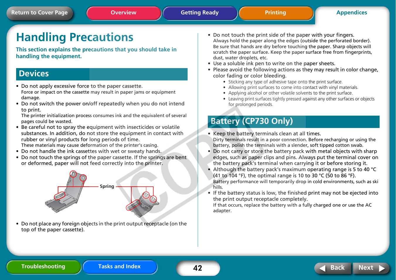 Handling precautions, Devices, Battery (cp730 only) | Handling precautions” (p. 42), Next | Canon CP730 User Manual | Page 42 / 51