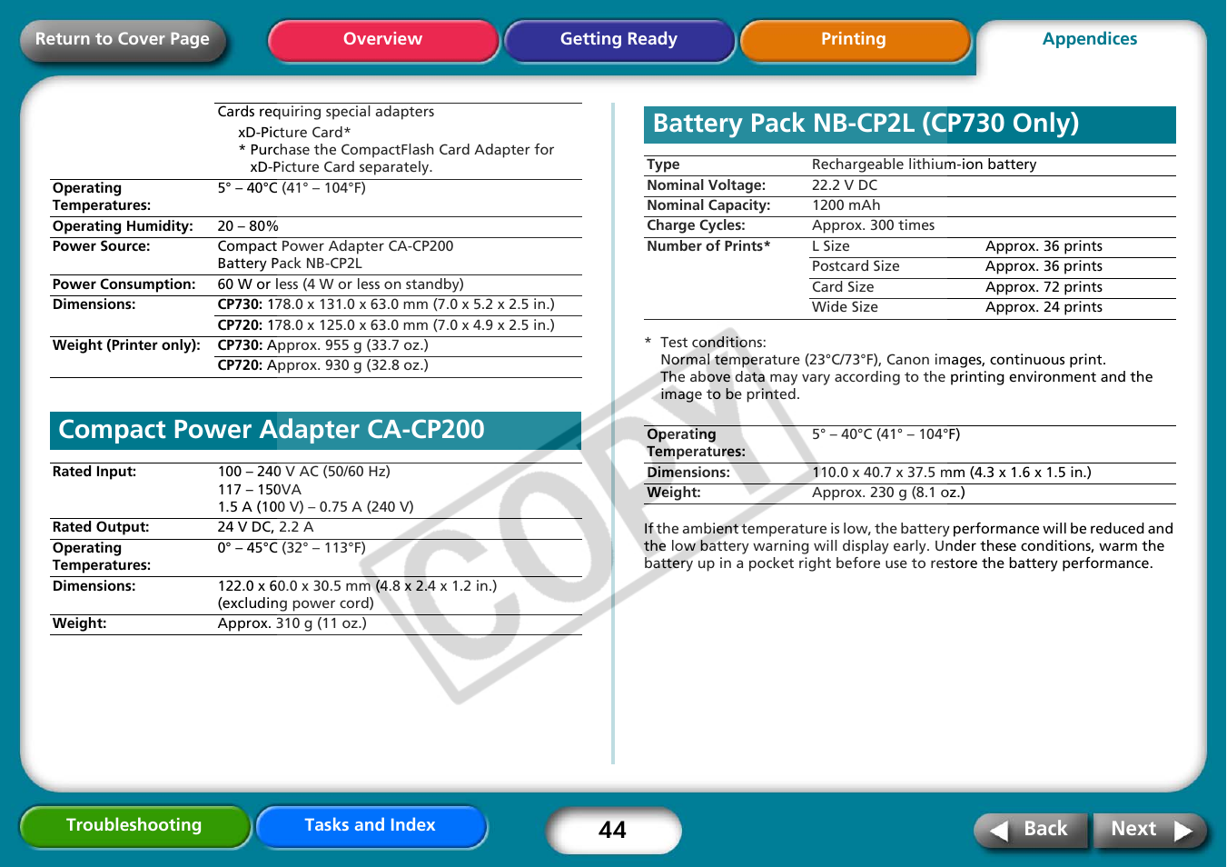 Compact power adapter ca-cp200, Battery pack nb-cp2l (cp730 only), Next | Canon CP730 User Manual | Page 44 / 51