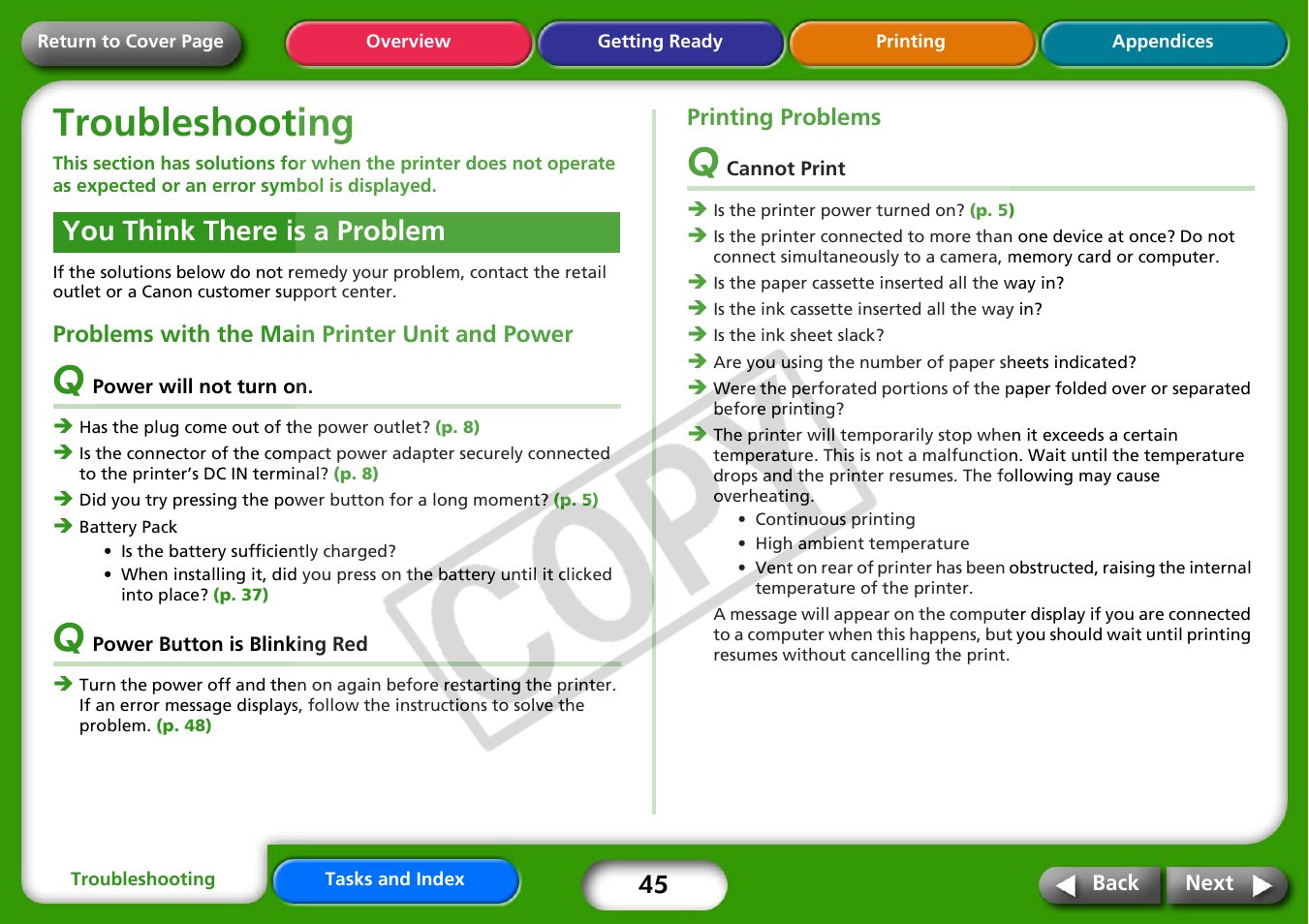 Troubleshooting, You think there is a problem, Having difficulty? click here | Next | Canon CP730 User Manual | Page 45 / 51