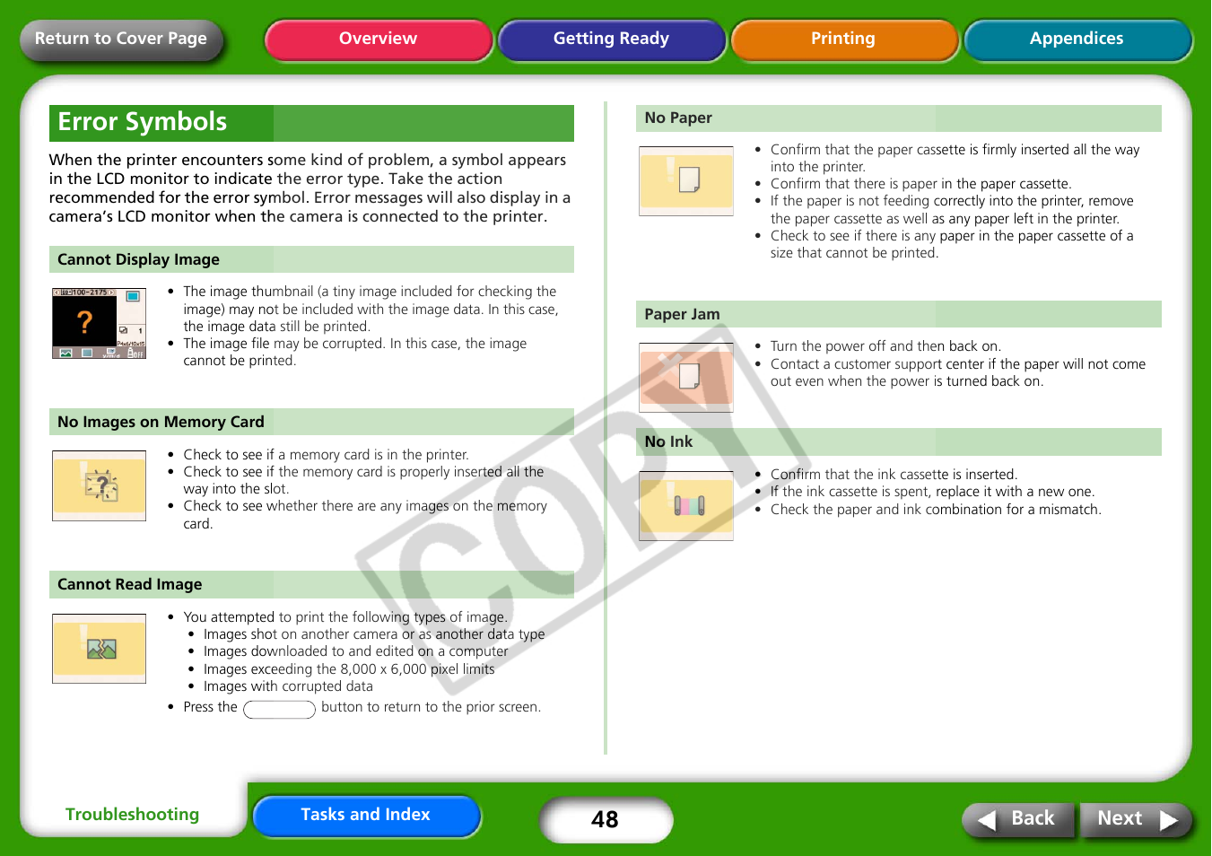 Error symbols, P. 48), Next | Canon CP730 User Manual | Page 48 / 51