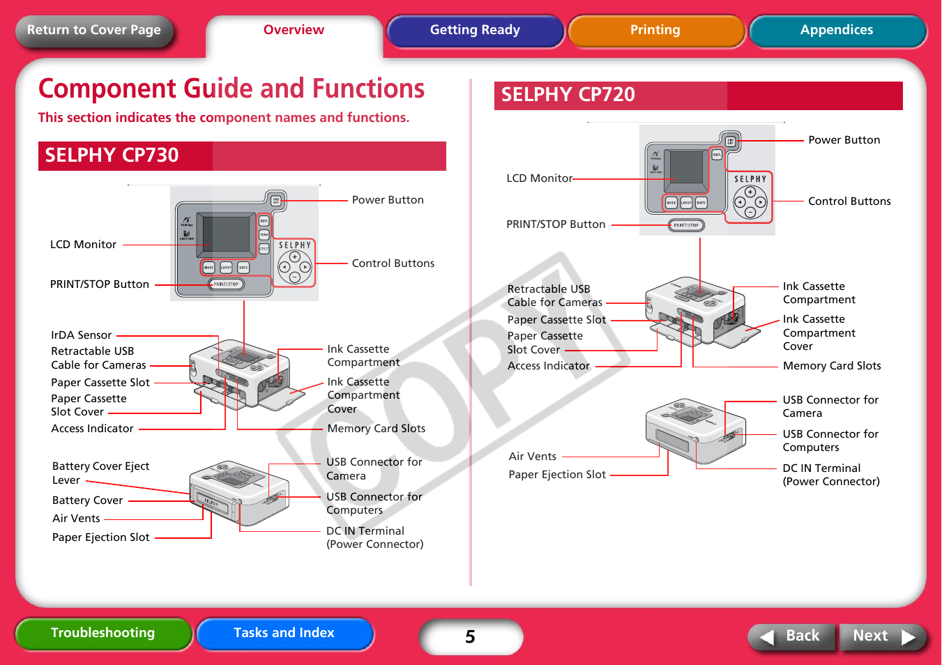 Component guide and functions, Selphy cp730, Selphy cp720 | Next | Canon CP730 User Manual | Page 5 / 51