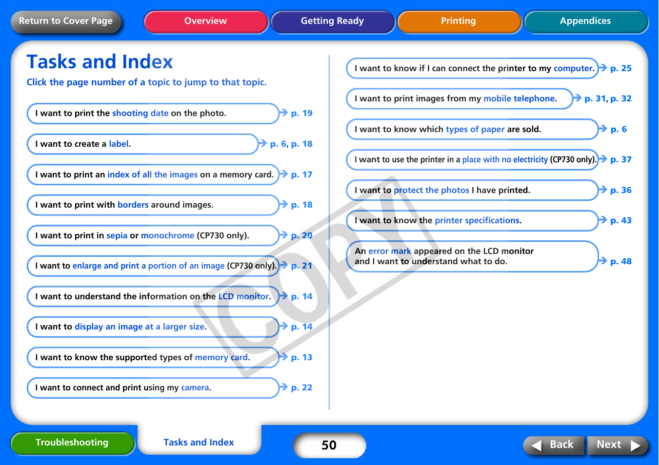 Tasks and index, I’d like to, Next | Canon CP730 User Manual | Page 50 / 51
