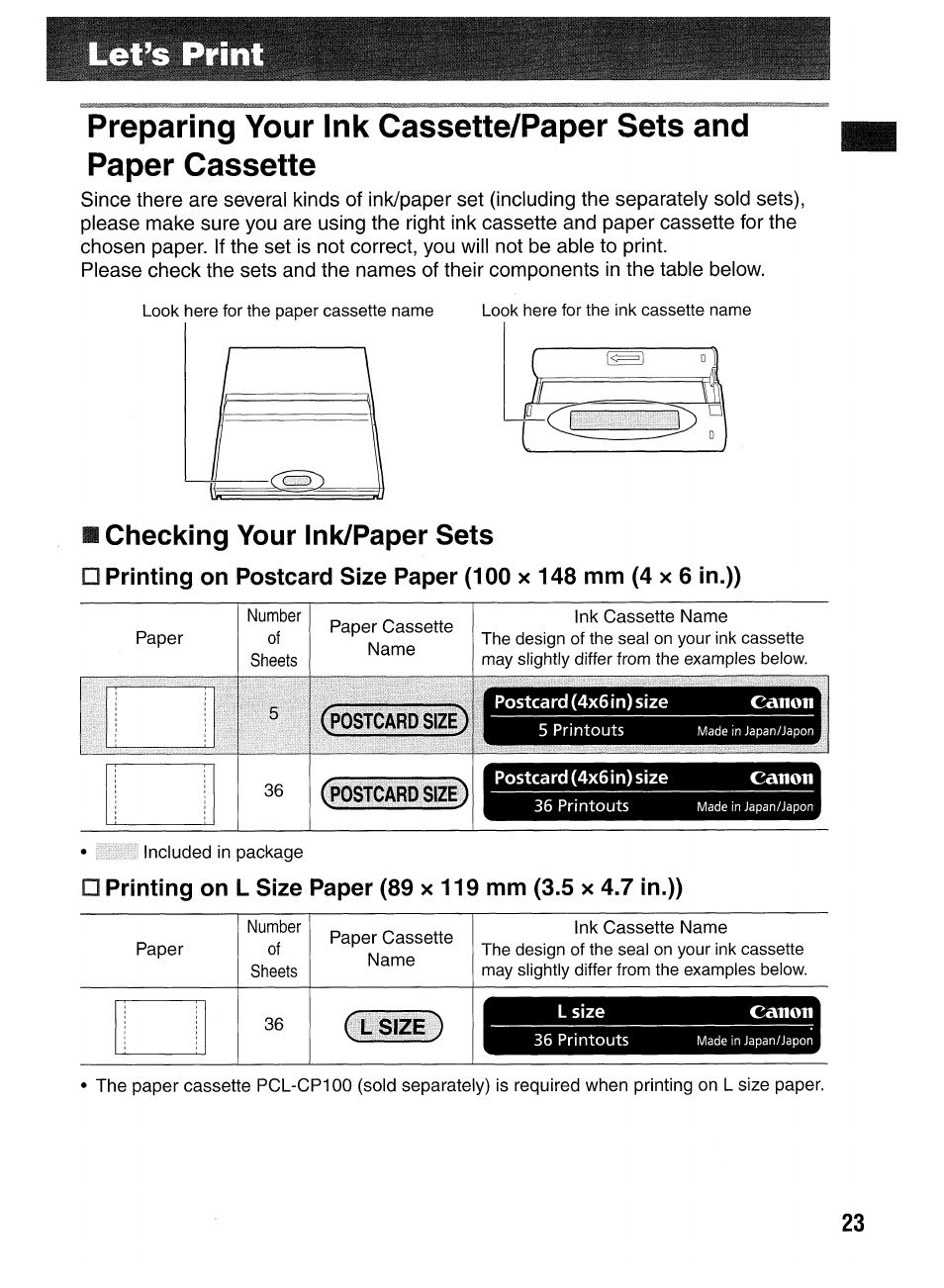 Printing, Preparing the ink / paper | Canon SELPHY CP400 User Manual | Page 24 / 97