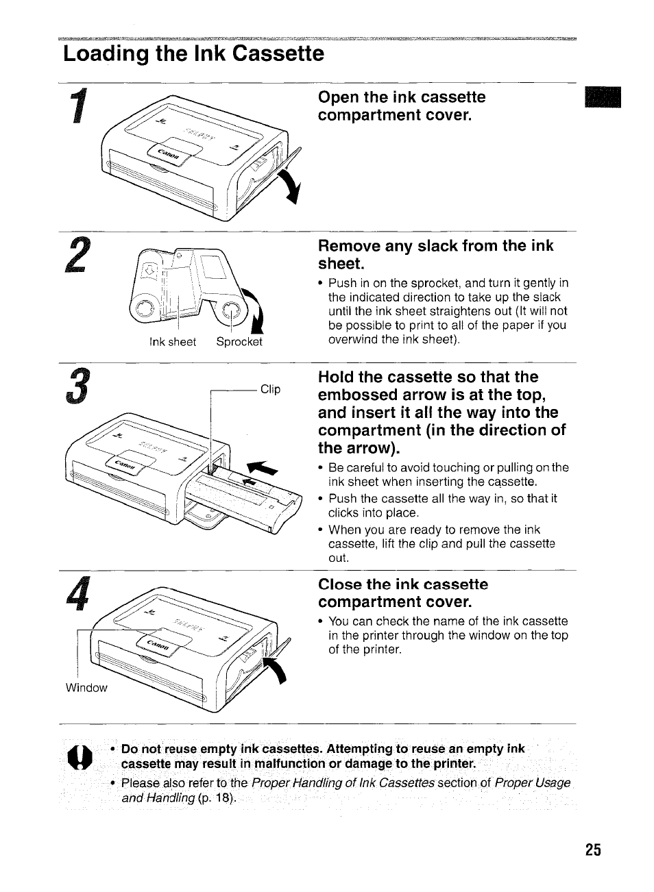 Loading the ink into printer | Canon SELPHY CP400 User Manual | Page 26 / 97